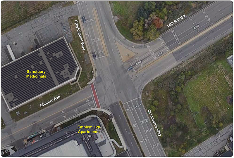 A map of the intersection of Commerce Way, Presidential Way, Atlantic Avenue, and I-93.
